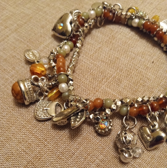 Triple Strand Stretch Silver Tone Stretch 20+ Dangle Charm Bracelet - Picture 2 of 7